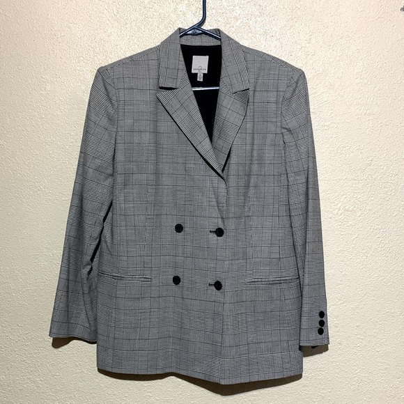 Anne Klein Blazer Jacket 14 Double Breasted Hounds Tooth Black White Pockets - Picture 1 of 15
